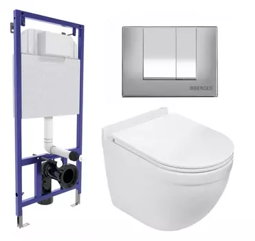 Комплект 3 в 1 инсталляция Berges Wasserhaus Novum 040242 + Подвесной унитаз WeltWasser Heimbach 043 GL-WT + кнопка хром матовая