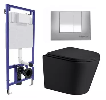 Комплект 3 в 1 инсталляция Berges Wasserhaus Novum 040242 + Подвесной унитаз WeltWasser Salzbach 043 MT-BL + кнопка хром матовая