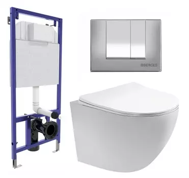 Комплект 3 в 1 инсталляция Berges Wasserhaus Novum 040242 + Унитаз подвесной Акватек Европа AQ1900-00 + кнопка хром матовая