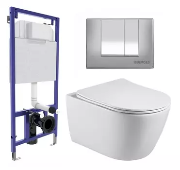 Комплект 3 в 1 инсталляция Berges Wasserhaus Novum 040242 + Унитаз подвесной Акватек Вега AQ1905-00 + кнопка хром матовая