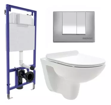 Комплект 3 в 1 инсталляция Berges Wasserhaus Novum 040242 + Унитаз подвесной AQUAme AQM2008 + кнопка хром матовая
