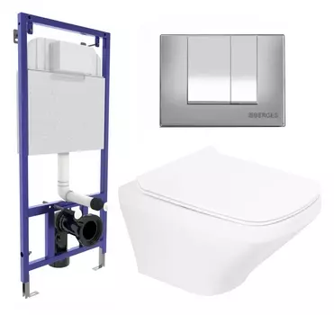 Комплект 3 в 1 инсталляция Berges Wasserhaus Novum 040242 + Унитаз подвесной BelBagno Sela BB3201CHR + кнопка хром матовая