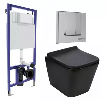 Комплект 3 в 1 инсталляция Berges Wasserhaus Novum 040243 + Подвесной унитаз WeltWasser Gelbach 041 MT-BL + кнопка хром