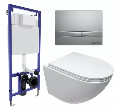 Комплект 3 в 1 инсталляция Berges Wasserhaus Novum 040252 + Подвесной безободковый унитаз Cerutti Spa Sella aria CT9529 Tornado + кнопка хром матовая