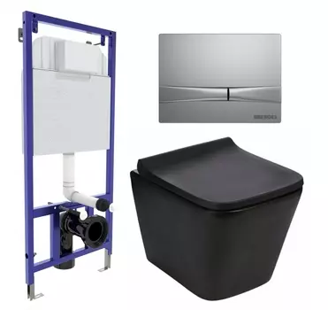 Комплект 3 в 1 инсталляция Berges Wasserhaus Novum 040252 + Подвесной унитаз WeltWasser Gelbach 041 MT-BL + кнопка хром матовая