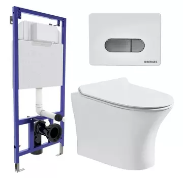 Комплект 3 в 1 инсталляция Berges Wasserhaus Novum D7 + Подвесной безободковый унитаз CeruttiSpa Bernina aria CT7191 + кнопка хром