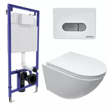 Комплект 3 в 1 инсталляция Berges Wasserhaus Novum D7 + Подвесной безободковый унитаз Cerutti Spa Sella aria CT9529 Tornado + кнопка хром