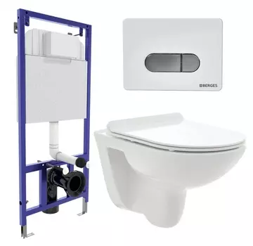 Комплект 3 в 1 инсталляция Berges Wasserhaus Novum D7 + Унитаз подвесной AQUAme AQM2008 + кнопка хром
