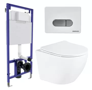 Комплект 3 в 1 инсталляция Berges Wasserhaus Novum D7 + Унитаз подвесной BelBagno Uno BB3105CHR/SC + кнопка хром