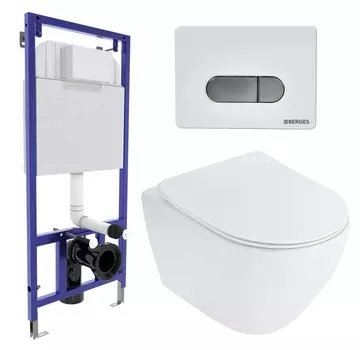Комплект 3 в 1 инсталляция Berges Wasserhaus Novum D7 + Унитаз подвесной Cezares Stylus CZR-513-TH-R + кнопка хром