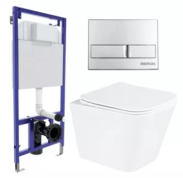 Комплект 3 в 1 инсталляция Berges Wasserhaus Novum L3 + Унитаз подвесной BelBagno Due BB3103CHR/SC + кнопка хром