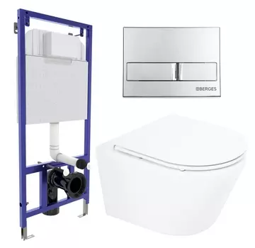 Комплект 3 в 1 инсталляция Berges Wasserhaus Novum L3 + Унитаз подвесной BelBagno Tre BB8001CHR/SC + кнопка хром