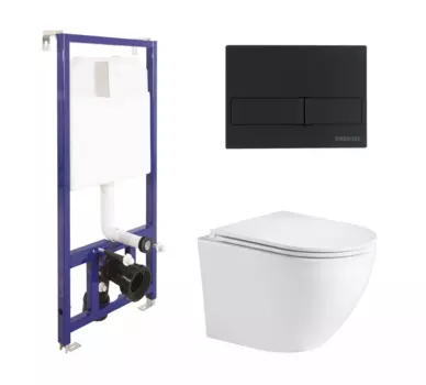 Комплект 3 в 1 инсталляция Berges Wasserhaus Novum + унитаз WeltWasser Merzbach 043 GL-WT + кнопка черная