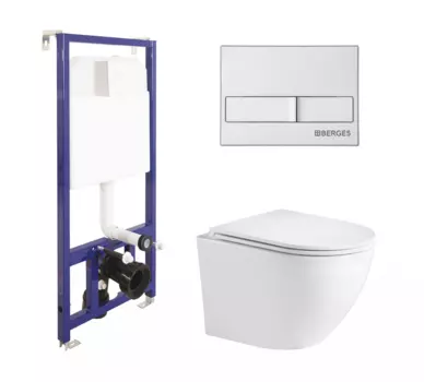 Комплект 3 в 1 инсталляция Berges Wasserhaus Novum + унитаз WeltWasser Merzbach 004 GL-WT + кнопка хром матовый
