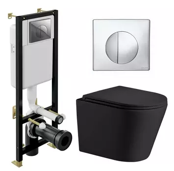 Комплект 3 в 1 инсталляция Cersanit Black S-IN-BLACK-Cg-w + Подвесной унитаз WeltWasser Salzbach 043 MT-BL + кнопка хром