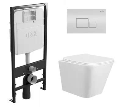 Комплект 3 в 1 инсталляция D&K DI8055119 + Унитаз подвесной Taliente Correto CR25200 + Кнопка прямоугольная белая