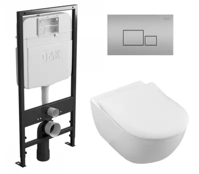 Комплект 3 в 1 инсталляция D&K DI8055119 + Унитаз подвесной Villeroy & Boch Subway 2.0 5614R201 + Кнопка прямоугольная матовый хром
