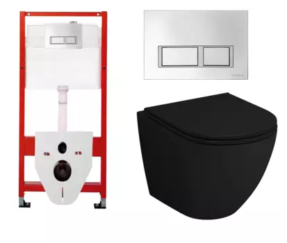 Комплект 3 в 1 инсталляция для унитазов Tece Tecespring S955201 + Унитаз подвесной Grossman GR-4455BMS безободковый черный с кнопкой глянцевой хром