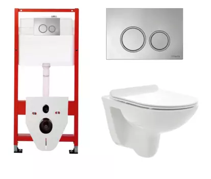 Комплект 3 в 1 инсталляция для унитазов Tece Tecespring S955101 + Унитаз подвесной AQUAme AQM2008 с кнопкой глянцевой хром