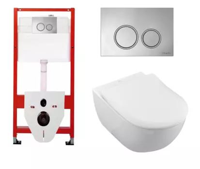 Комплект 3 в 1 инсталляция для унитазов Tece Tecespring S955101 + Унитаз подвесной Villeroy & Boch Subway 2.0 5614R201 с кнопкой глянцевой хром