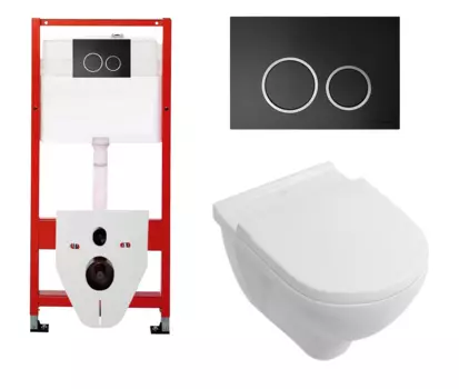 Комплект 3 в 1 инсталляция для унитазов Tece Tecespring S955102 + Унитаз подвесной Villeroy & Boch O Novo Directflush с кнопкой черной матовой