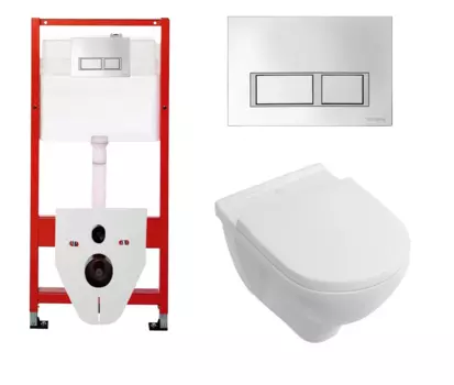 Комплект 3 в 1 инсталляция для унитазов Tece Tecespring S955201 + Унитаз подвесной Villeroy & Boch O Novo Directflush с кнопкой глянцевой хром
