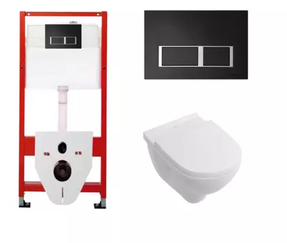 Комплект 3 в 1 инсталляция для унитазов Tece Tecespring S955202 + Унитаз подвесной Villeroy & Boch O Novo Directflush с кнопкой черной матовой