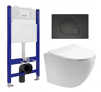 Комплект 3 в 1 инсталляция Enio Tecnico 50 EN8050050 + Унитаз подвесной Акватек Европа AQ1900-00 + кнопка черная матовая
