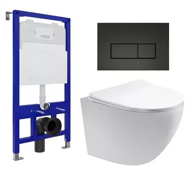 Комплект 3 в 1 инсталляция Enio Tecnico 52 EN8050052 + Унитаз подвесной Акватек Европа AQ1900-00 + кнопка черная матовая