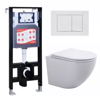 Комплект 3 в 1 инсталляция ESBANO FRAM + Подвесной унитаз SinteSi EVI + кнопка белая глянцевая