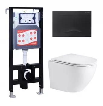 Комплект 3 в 1 инсталляция ESBANO FRAM + Подвесной унитаз WeltWasser Merzbach 043 GL-WT + кнопка черная матовая