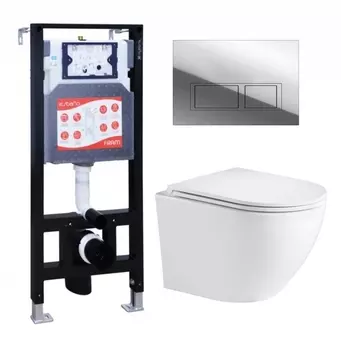 Комплект 3 в 1 инсталляция ESBANO FRAM + Подвесной унитаз WeltWasser Merzbach 043 GL-WT + кнопка хром глянцевая