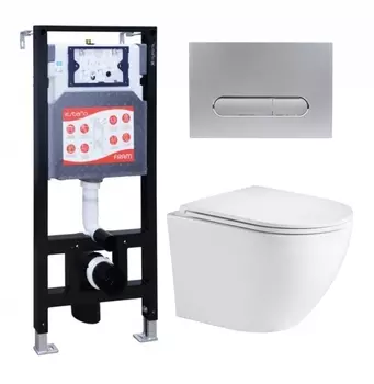 Комплект 3 в 1 инсталляция ESBANO FRAM + Подвесной унитаз WeltWasser Merzbach 043 GL-WT + кнопка хром матовая