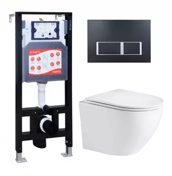 Комплект 3 в 1 инсталляция ESBANO FRAM + Подвесной унитаз WeltWasser Merzbach 043 GL-WT + кнопка черная матовая