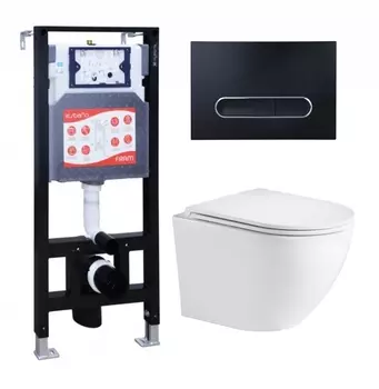 Комплект 3 в 1 инсталляция ESBANO FRAM + Подвесной унитаз WeltWasser Merzbach 043 GL-WT + кнопка черная матовая