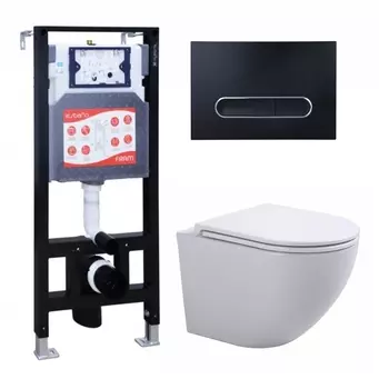 Комплект 3 в 1 инсталляция ESBANO FRAM + Подвесной унитаз SinteSi EVI + кнопка черная матовая