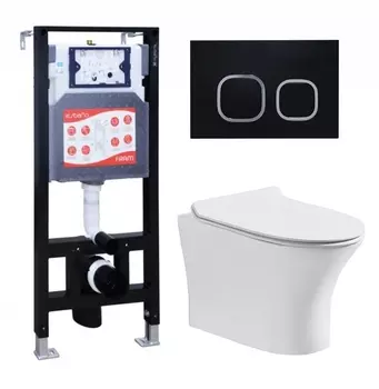 Комплект 3 в 1 инсталляция ESBANO FRAM + Подвесной безободковый унитаз CeruttiSpa Bernina aria CT7191 + кнопка черная матовая