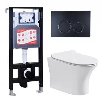 Комплект 3 в 1 инсталляция ESBANO FRAM + Подвесной безободковый унитаз CeruttiSpa Bernina aria CT7191 + кнопка черная матовая