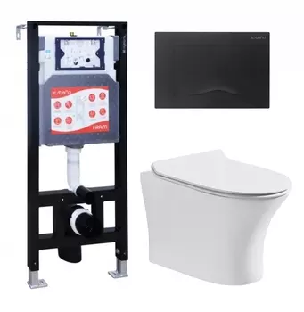 Комплект 3 в 1 инсталляция ESBANO FRAM + Подвесной безободковый унитаз CeruttiSpa Bernina aria CT7191 + кнопка черная матовая