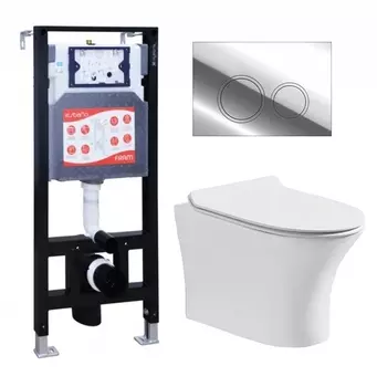 Комплект 3 в 1 инсталляция ESBANO FRAM + Подвесной безободковый унитаз CeruttiSpa Bernina aria CT7191 + кнопка хром глянцевая