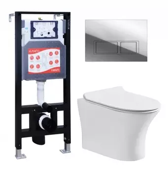 Комплект 3 в 1 инсталляция ESBANO FRAM + Подвесной безободковый унитаз CeruttiSpa Bernina aria CT7191 + кнопка хром глянцевая