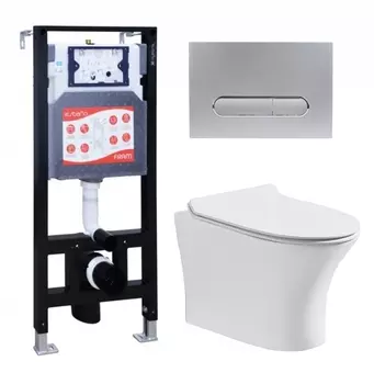 Комплект 3 в 1 инсталляция ESBANO FRAM + Подвесной безободковый унитаз CeruttiSpa Bernina aria CT7191 + кнопка хром матовая