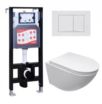 Комплект 3 в 1 инсталляция ESBANO FRAM + Подвесной безободковый унитаз Cerutti Spa Sella aria CT9529 Tornado + кнопка белая глянцевая