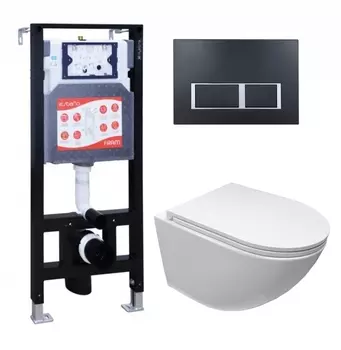 Комплект 3 в 1 инсталляция ESBANO FRAM + Подвесной безободковый унитаз Cerutti Spa Sella aria CT9529 Tornado + кнопка черная матовая