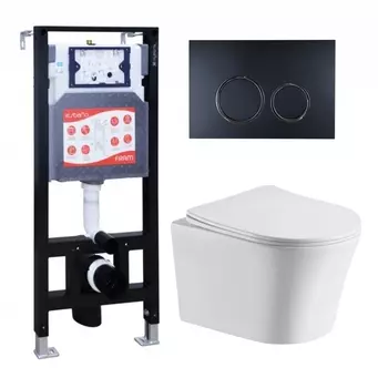 Комплект 3 в 1 инсталляция ESBANO FRAM + Подвесной унитаз CeruttiSpa Adige Aria CT7837 + кнопка черная матовая