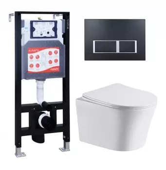 Комплект 3 в 1 инсталляция ESBANO FRAM + Подвесной унитаз CeruttiSpa Adige Aria CT7837 + кнопка черная матовая