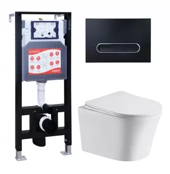 Комплект 3 в 1 инсталляция ESBANO FRAM + Подвесной унитаз CeruttiSpa Adige Aria CT7837 + кнопка черная матовая