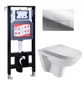 Комплект 3 в 1 инсталляция ESBANO FRAM + Подвесной унитаз WeltWasser Baarbach 004 GL-WT + кнопка хром глянцевая