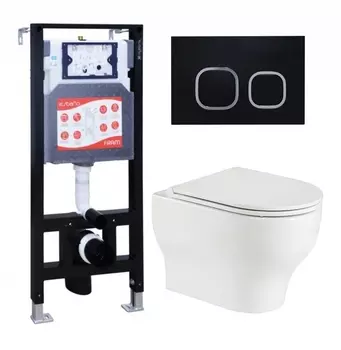 Комплект 3 в 1 инсталляция ESBANO FRAM + Подвесной унитаз WeltWasser Erlenbach 004 GL-WT+ кнопка черная матовая