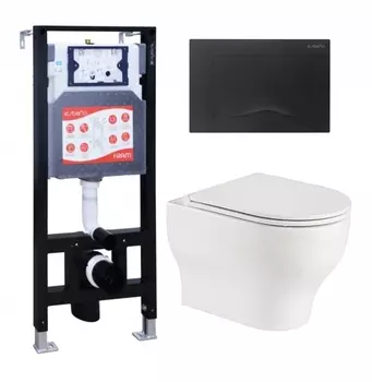 Комплект 3 в 1 инсталляция ESBANO FRAM + Подвесной унитаз WeltWasser Erlenbach 004 GL-WT + кнопка черная матовая